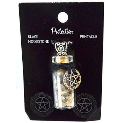 Black Moonstone Chips in Bottle with Pentagram necklace