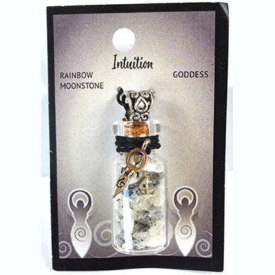 Rainbow Moonstone Chips in Bottle with Goddess necklace