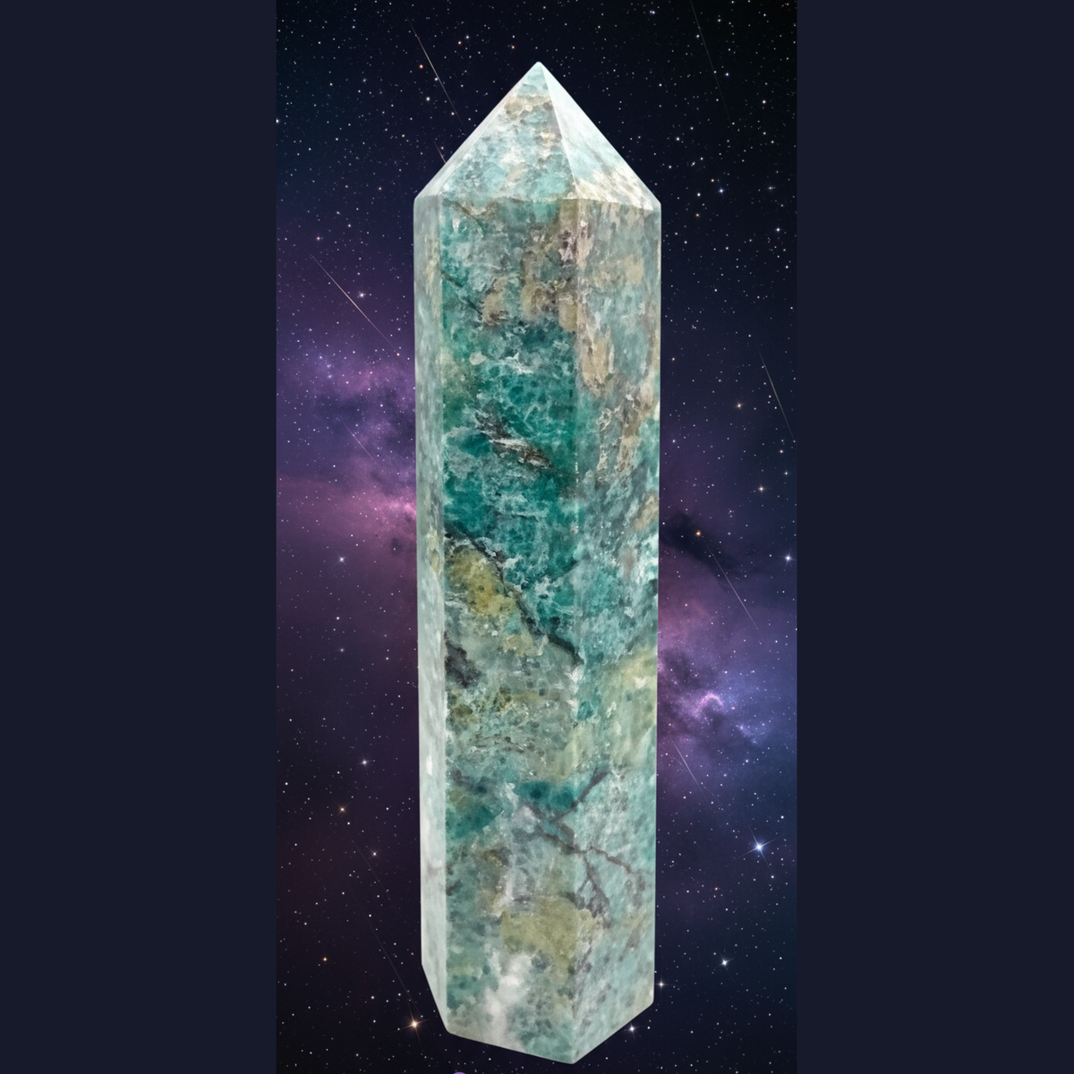 Exact amazonite crystal tower with cosmic mystical styling and Witchy Like watermark