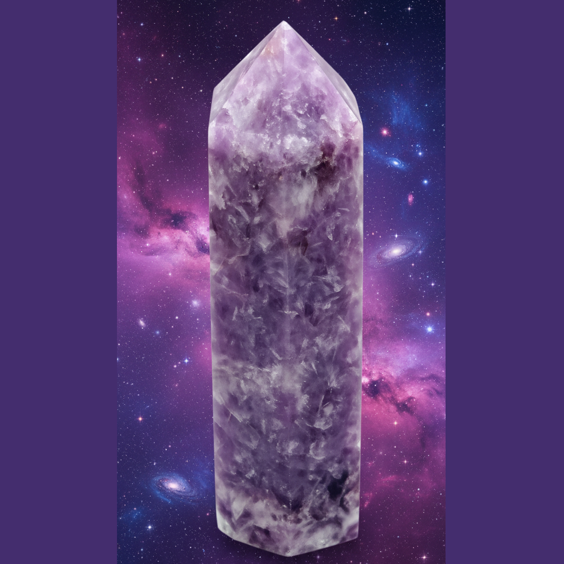 Exact amethyst crystal tower with cosmic mystical styling and Witchy Like watermark