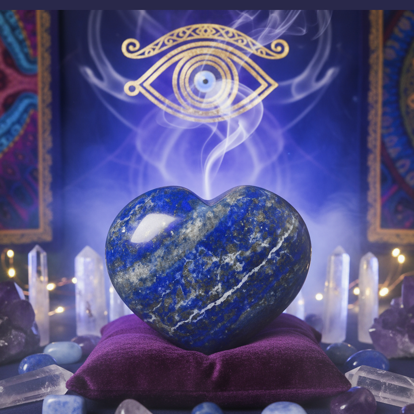 Exact lapis lazuli heart palm stone with premium healing sanctuary ambiance and Witchy Like watermark
