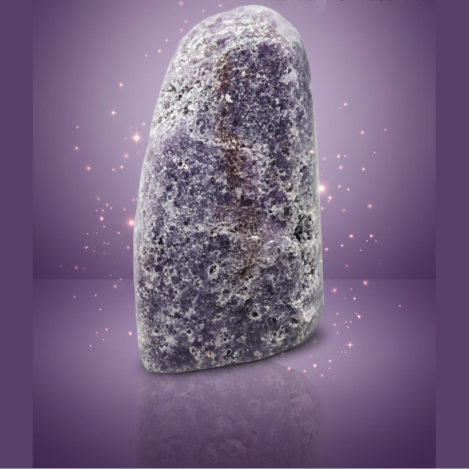Exact lepidolite crystal tower with clean professional styling and Witchy Like watermark