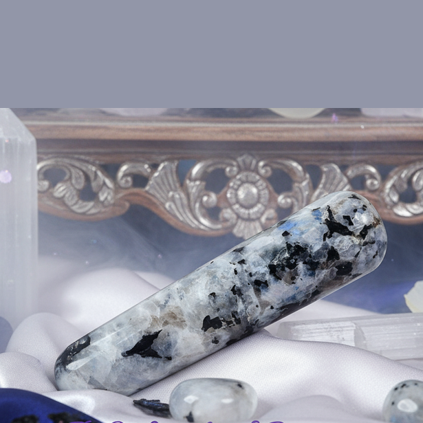 Exact rainbow moonstone massage wand with premium healing sanctuary ambiance and Witchy Like watermark