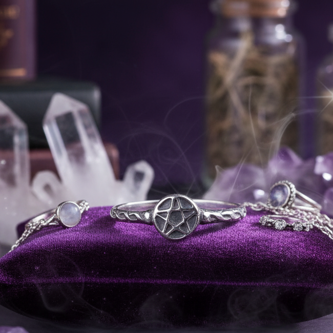 Exact silver pentagram ring with premium witchcraft jewelry sanctuary ambiance and Witchy Like watermark