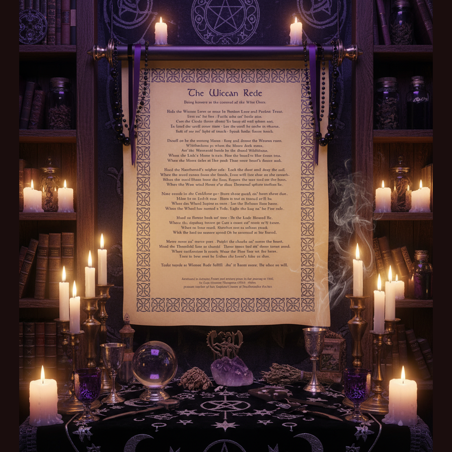 Exact The Wiccan Rede parchment poster with premium witchcraft sanctuary ambiance and Witchy Like watermark