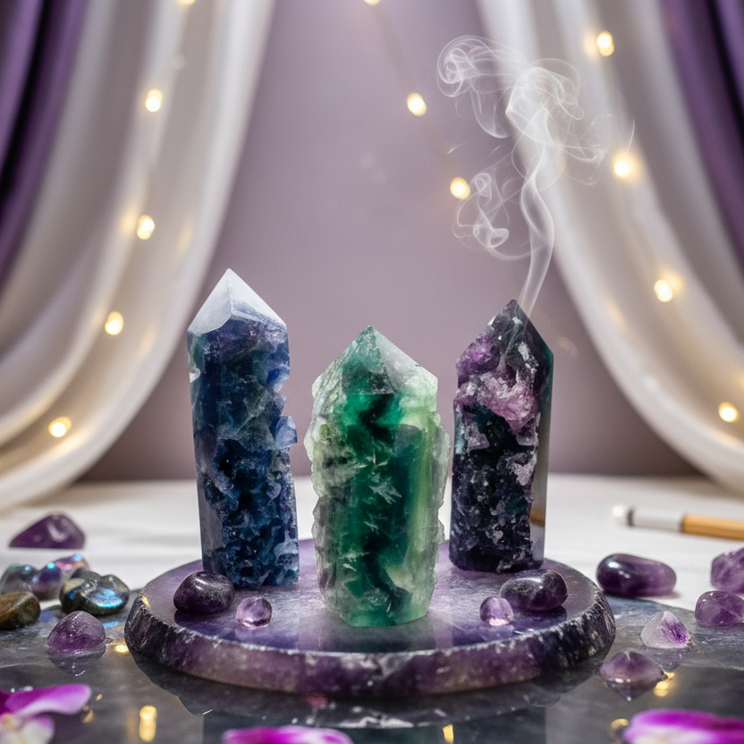 Exact three rainbow fluorite towers with premium healing sanctuary ambiance and Witchy Like watermark