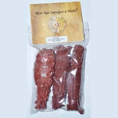 Red sage smudge sticks in a clear package with 'New Age Smudges & Herbs' label on a light gray background