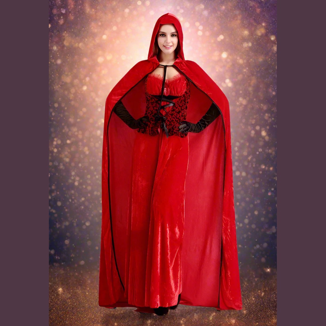 Red hooded cloak with black lace details on a white background