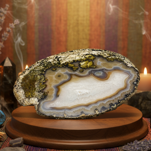 Exact agate slice with premium healing sanctuary ambiance and Witchy Like watermark