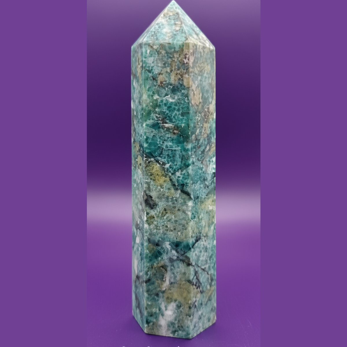 Exact amazonite crystal tower with clean professional styling and Witchy Like watermark