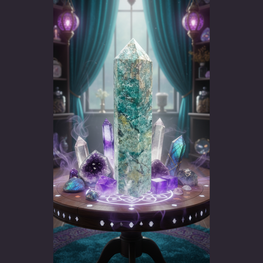 Exact amazonite crystal tower with premium healing sanctuary ambiance and Witchy Like watermark