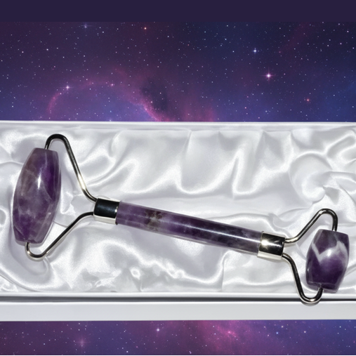 Exact amethyst facial roller set with cosmic mystical styling and Witchy Like watermark