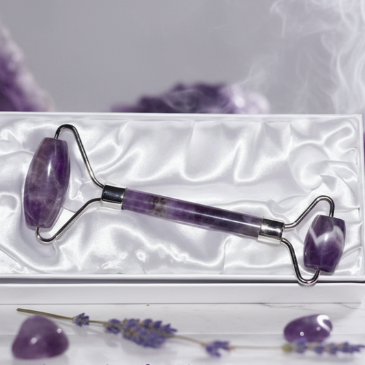Exact amethyst facial roller set with premium crystal beauty sanctuary ambiance and Witchy Like watermark