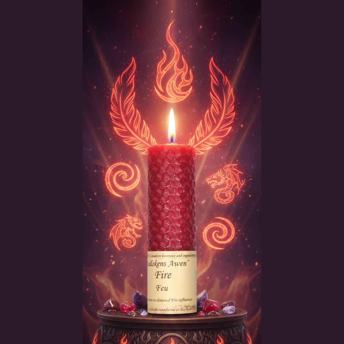 Exact Awaken Aven Fire candle with premium fire element sanctuary ambiance and Witchy Like watermark