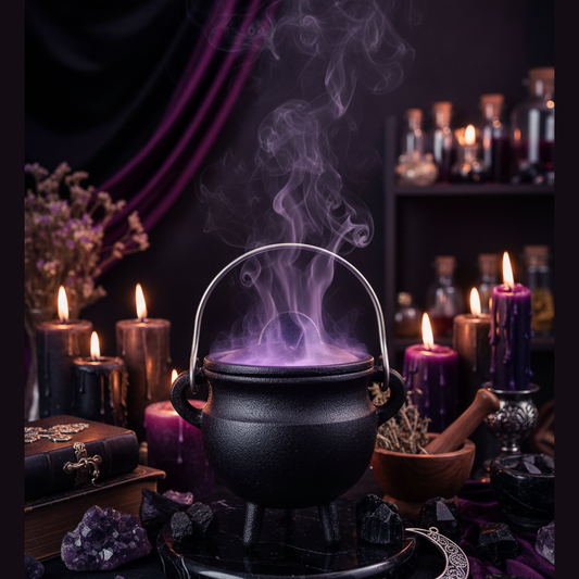 Exact black cast iron cauldron with premium witchcraft sanctuary ambiance and Witchy Like watermark
