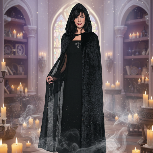 Exact black hooded cloak with lighter mystical atmosphere