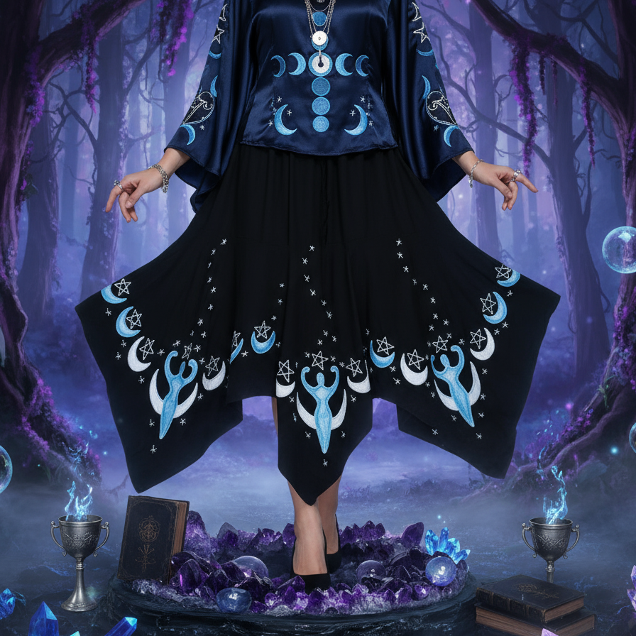 Exact black moon goddess skirt with premium fashion ambiance and Witchy Like watermark