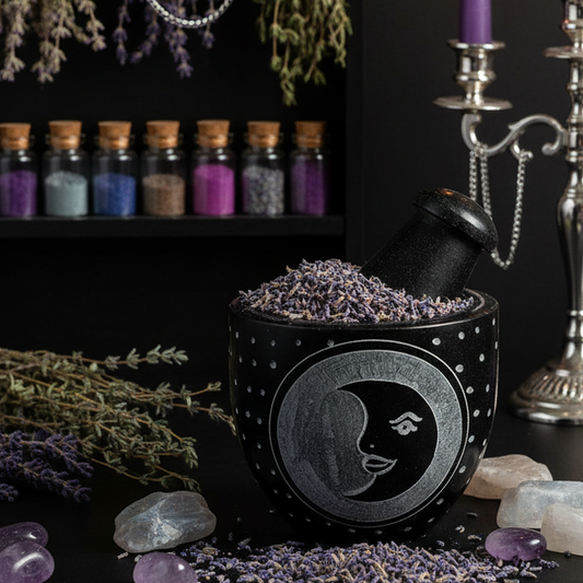 Exact black moon mortar and pestle with premium apothecary sanctuary ambiance and Witchy Like watermark