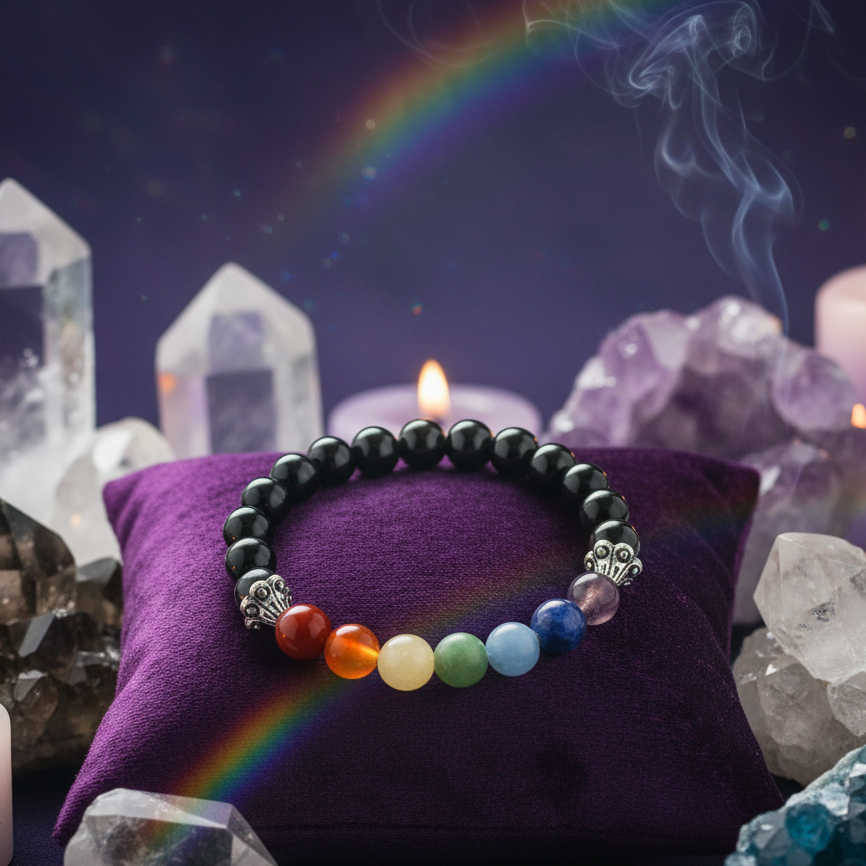 Exact black onyx chakra bracelet with premium healing sanctuary ambiance and Witchy Like watermark