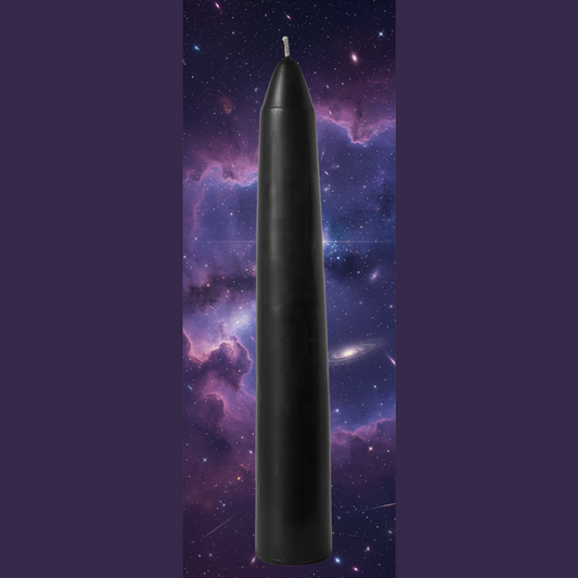 Exact black taper candle with cosmic mystical styling and Witchy Like watermark