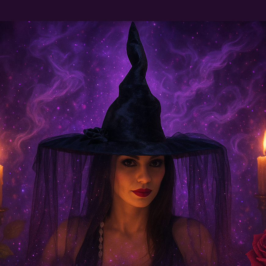 Exact black witch hat with veil and purple glitter