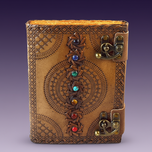 Exact brown leather chakra journal with spiral design with clean professional styling and Witchy Like watermark