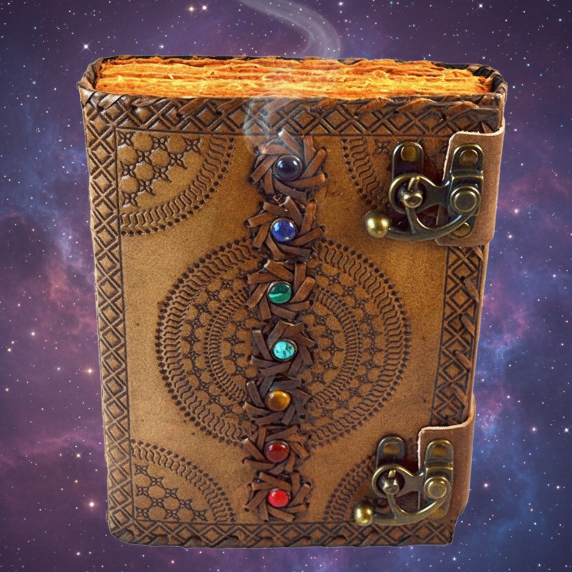 Exact brown leather chakra journal with spiral design with cosmic mystical styling and Witchy Like watermark