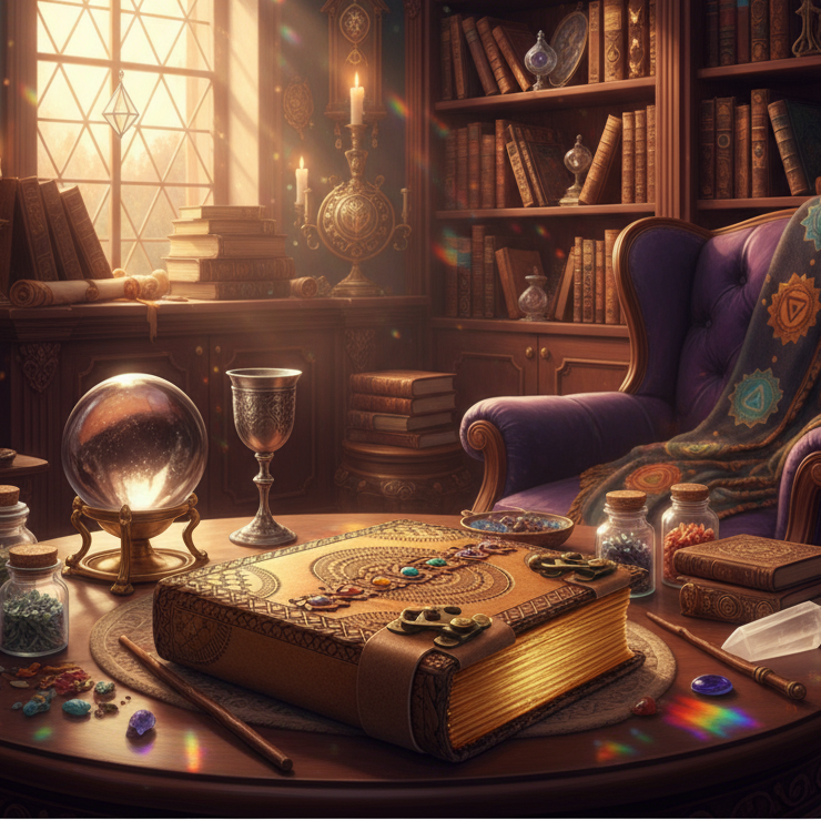 Exact brown leather chakra journal with spiral design with premium witchcraft library sanctuary ambiance and Witchy Like watermark