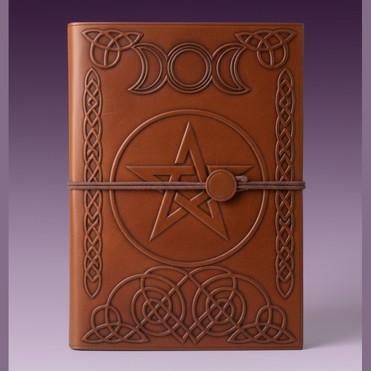 Exact brown leather pentagram journal with clean professional styling and Witchy Like watermark