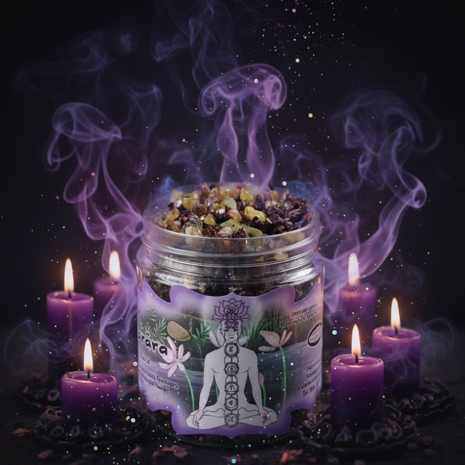 Exact chakra resin incense jar with mystical atmosphere