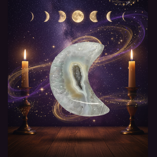 Exact clear quartz crescent moon with professional mystical lunar atmosphere