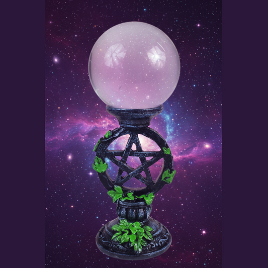Exact crystal ball with pentagram stand with cosmic mystical styling and Witchy Like watermark