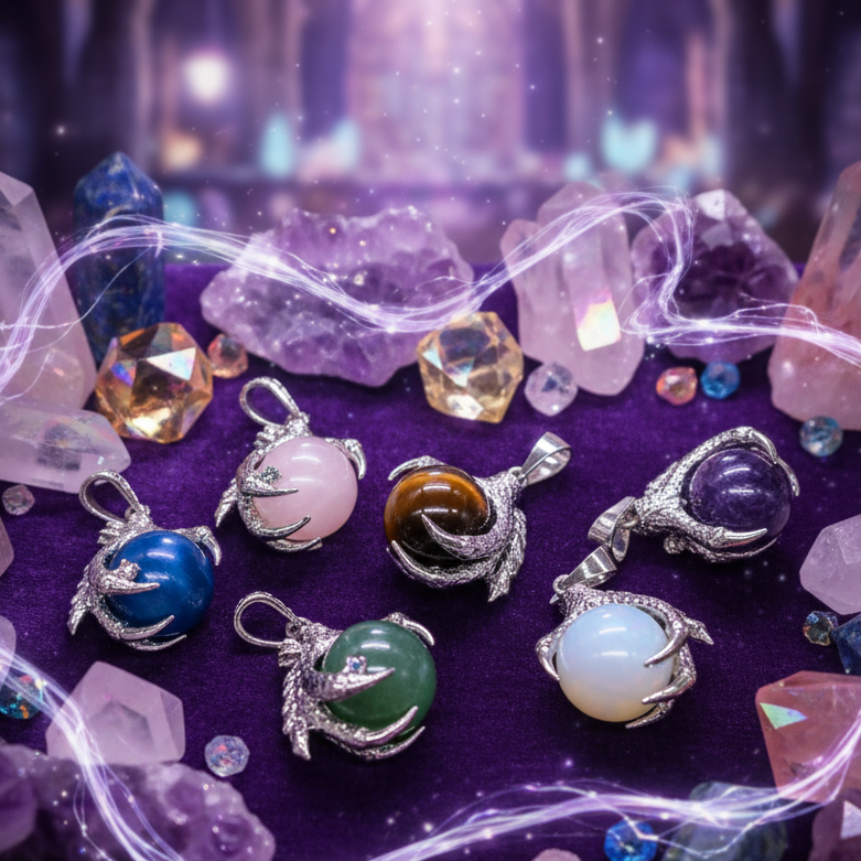 Exact dragon claw gemstone pendant set with premium jewelry sanctuary ambiance and Witchy Like watermark