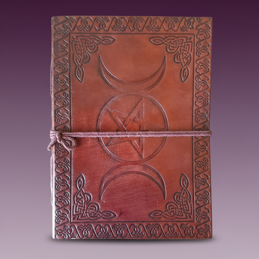 Exact embossed leather triple moon journal with clean professional styling and Witchy Like watermark