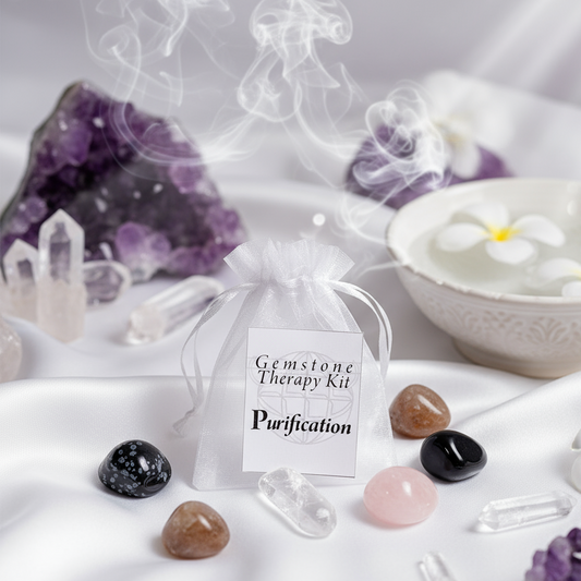 Exact Gemstone Therapy Kit for Purification with premium healing sanctuary ambiance and Witchy Like watermark