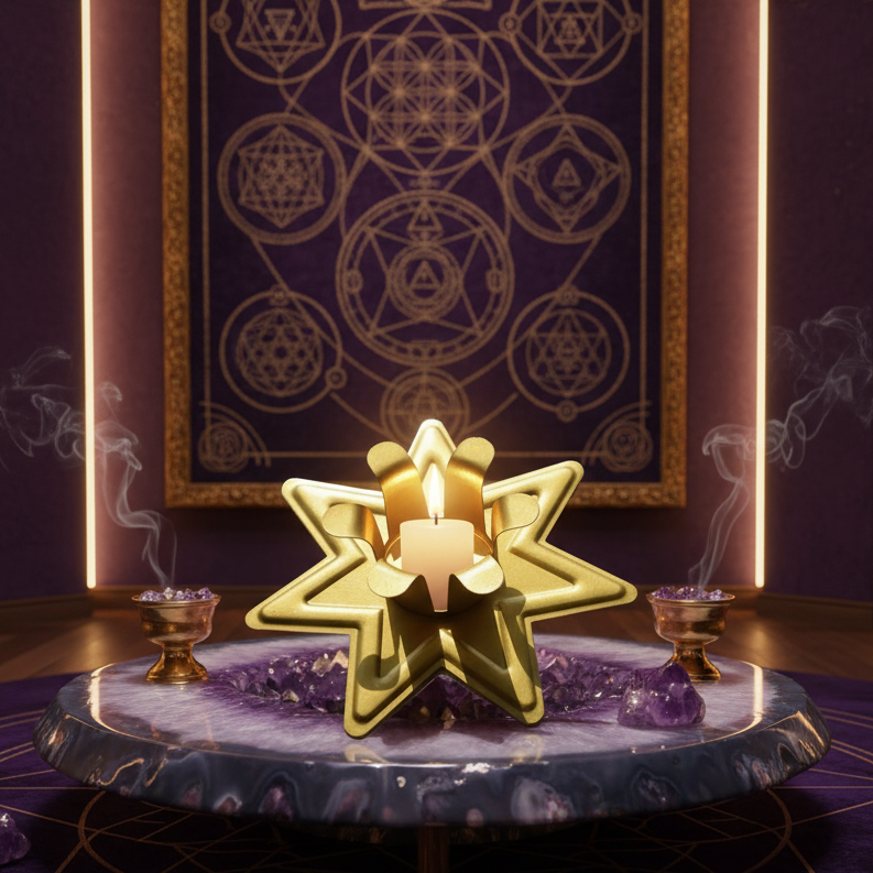 Exact gold merkaba star candle holder with premium sacred geometry sanctuary ambiance and Witchy Like watermark
