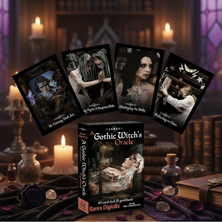 Exact Gothic Witch's Oracle deck with premium gothic divination sanctuary ambiance and Witchy Like watermark