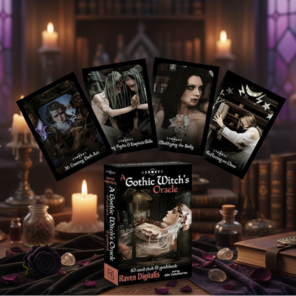 Exact Gothic Witch's Oracle deck with premium gothic divination sanctuary ambiance and Witchy Like watermark