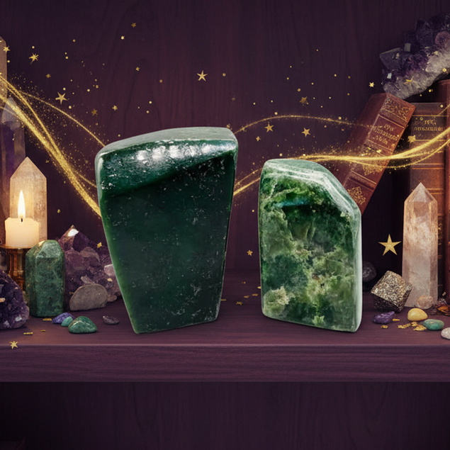 Exact green aventurine bookends with premium crystal library ambiance and Witchy Like watermark