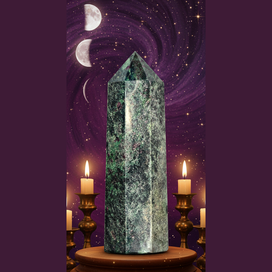 Exact green aventurine crystal tower with cosmic mystical styling and Witchy Like watermark