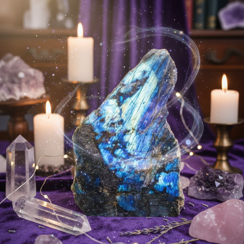 Exact labradorite crystal with premium crystal sanctuary ambiance and Witchy Like watermark