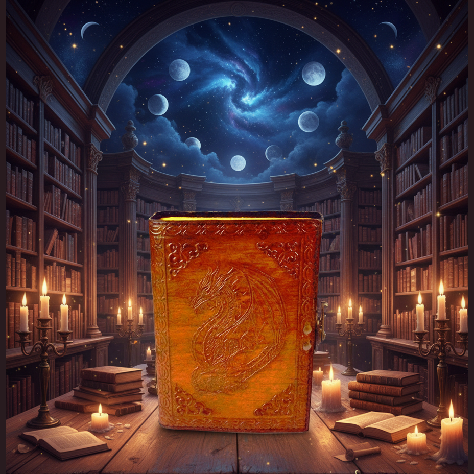 Exact leather dragon journal with professional mystical ancient library atmosphere