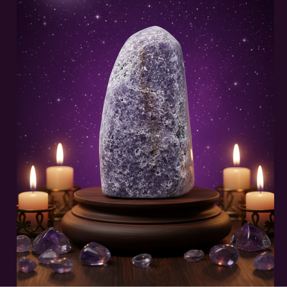 Exact lepidolite crystal tower with cosmic mystical styling and Witchy Like watermark