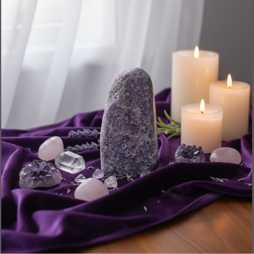 Exact lepidolite crystal tower with premium calming sanctuary ambiance and Witchy Like watermark