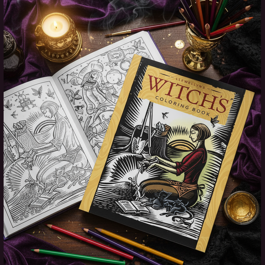 Exact Llewellyn's Witch's Coloring Book with premium creative arts sanctuary ambiance and Witchy Like watermark