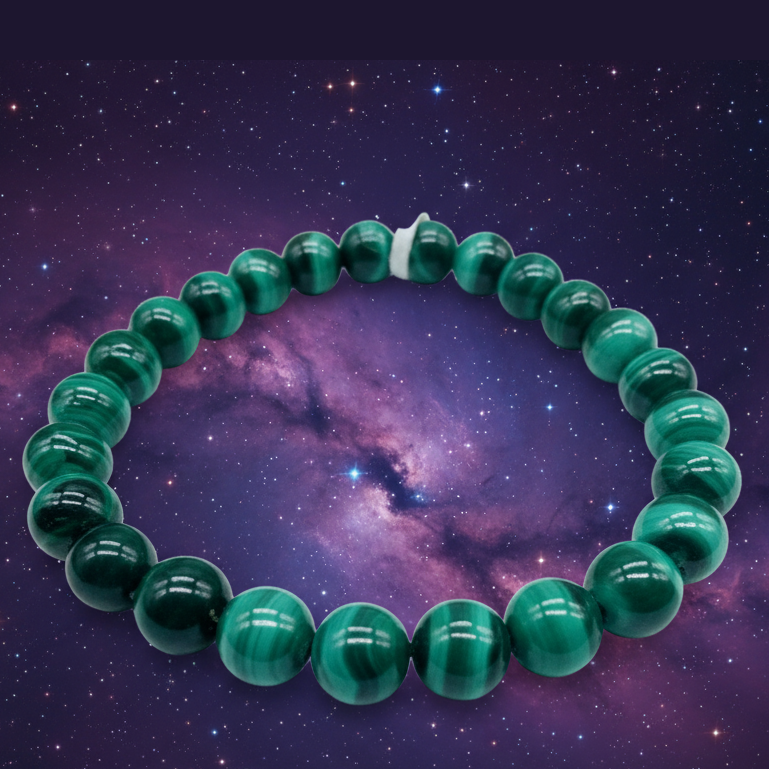 Exact malachite bead bracelet with cosmic mystical styling and Witchy Like watermark