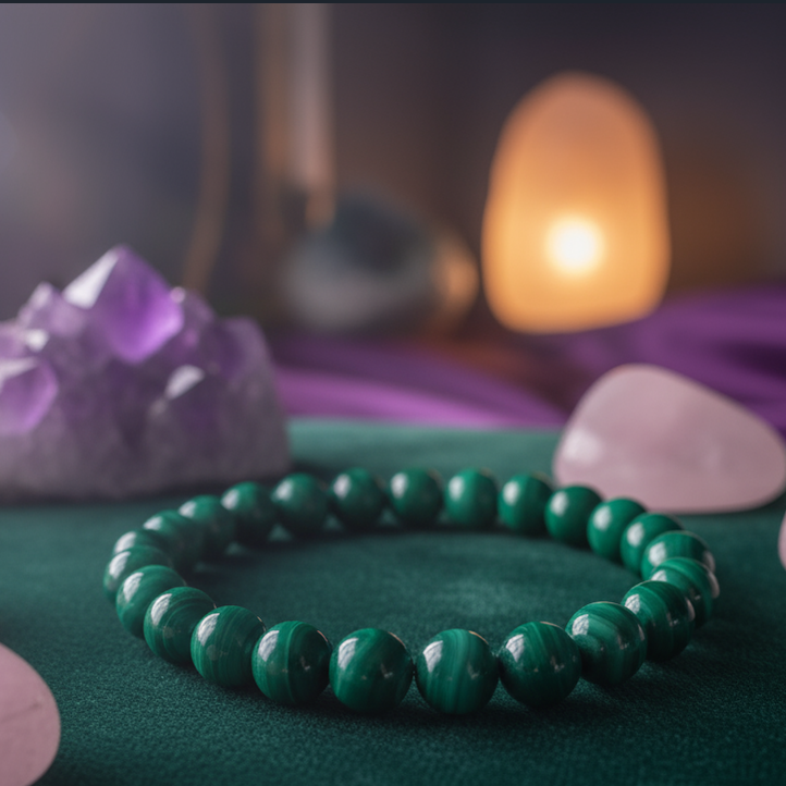 Exact malachite bead bracelet with premium healing sanctuary ambiance and Witchy Like watermark