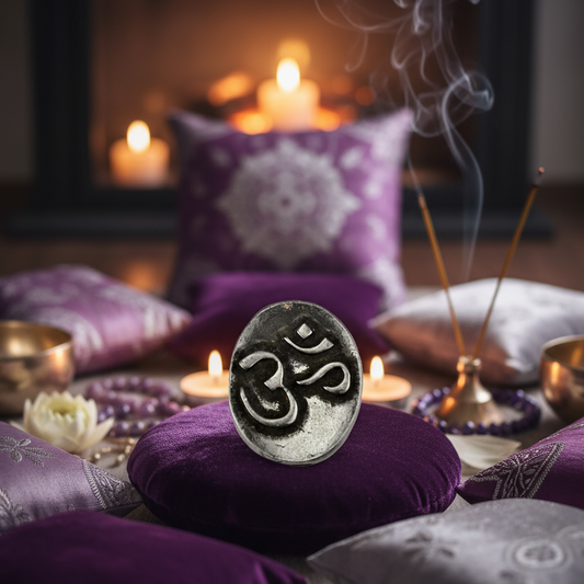 Exact Om/Aum pocket stone with premium meditation sanctuary ambiance and Witchy Like watermark