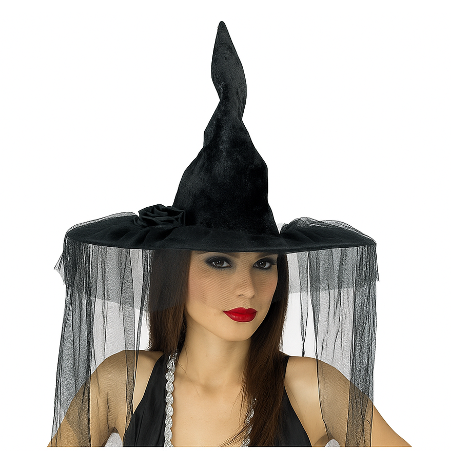 Exact original black witch hat with veil and branding