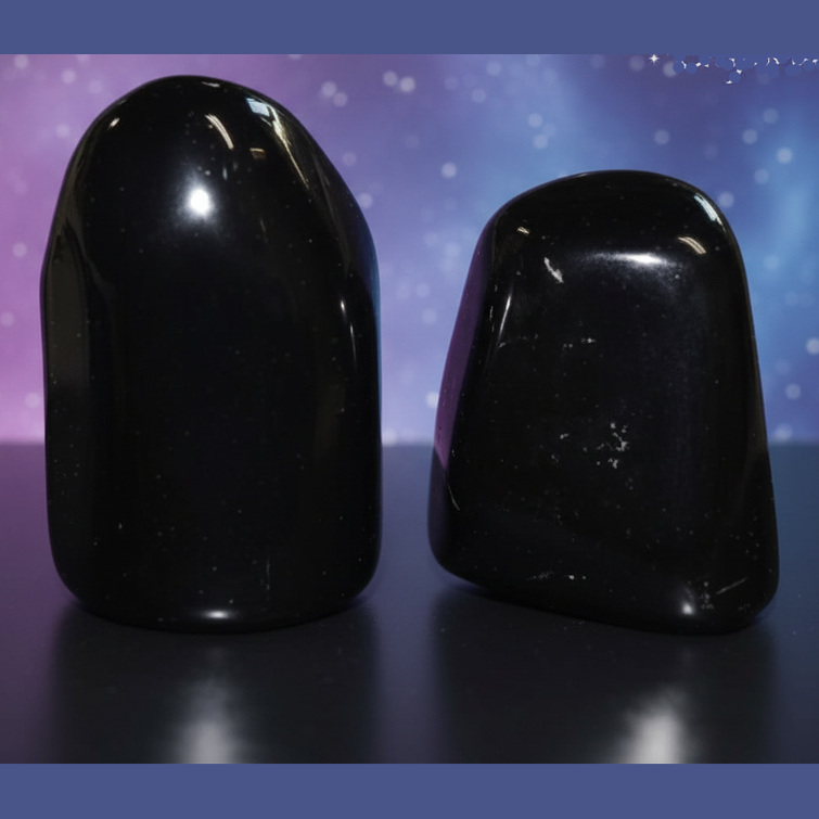 Exact original pair of polished black obsidian stones with elegant composition